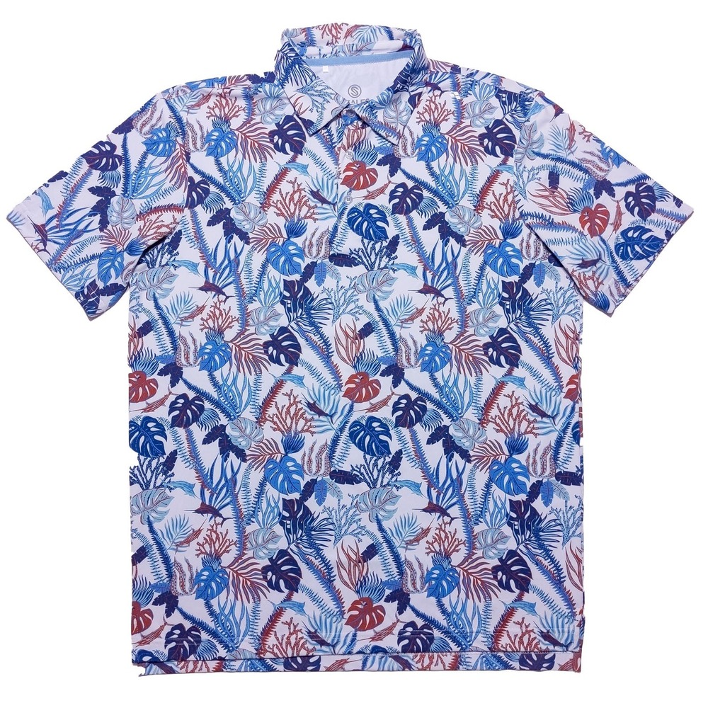 SCALES Performance Polo Shirt Blue Floral Coral Fishing‎ Medium M